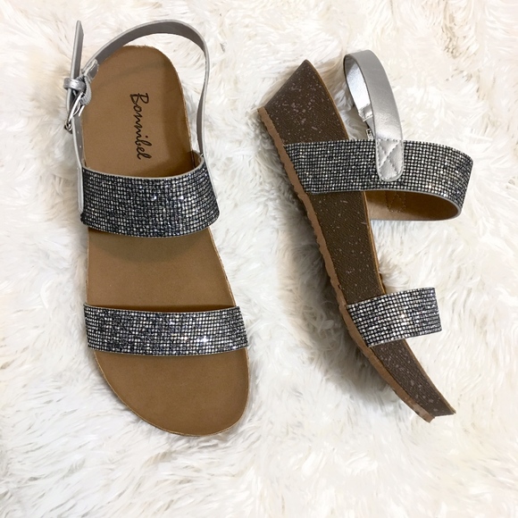 Bonnibel Shoes - NEW Silver Metallic Rhinestone Cork Wedge Sandals
